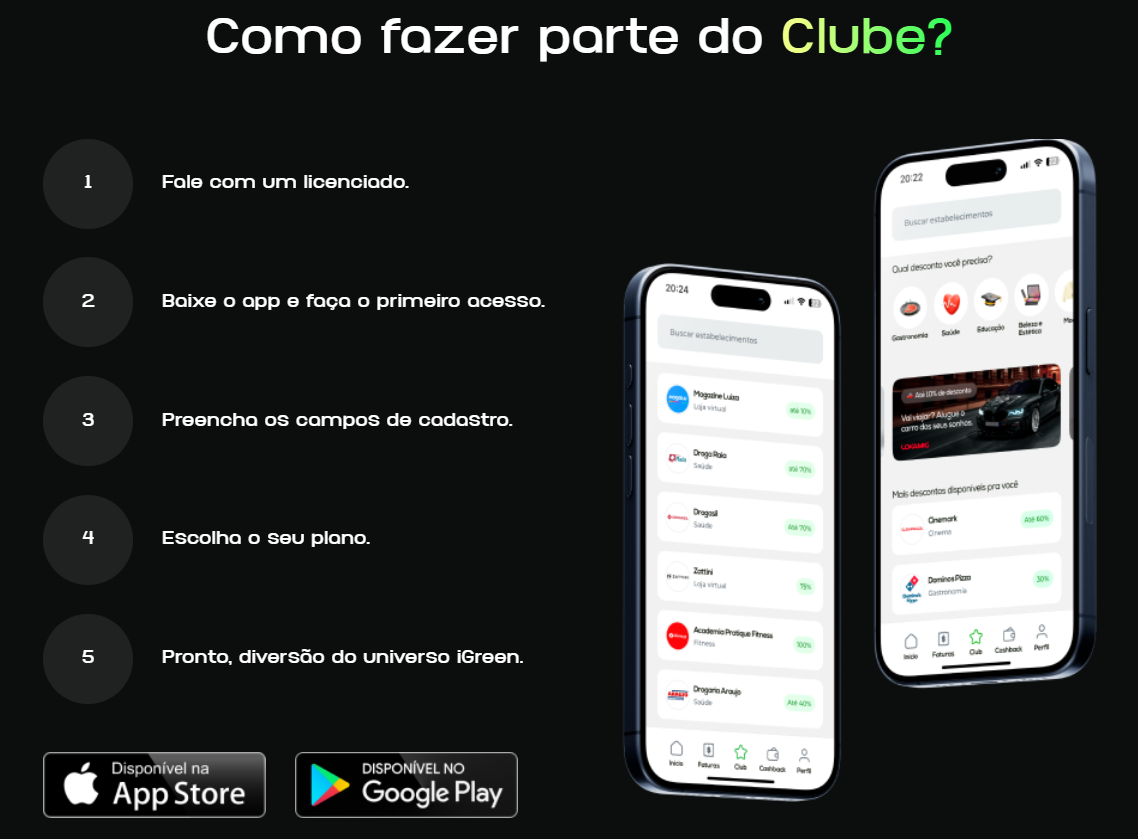 Grid de logos de empresas parceiras idênticas à imagem original: primeira linha com RCHLO, Petz, Zé Delivery (com caveira), Cinépolis, Cinemark (C), Burger King; segunda linha com pontos, CASAS BAHIA, DROGASIL (cruz), Domino's (dominó), Coco Bambu, POLISHOP; e VIVARA centralizada embaixo, todas em fundo escuro gradiente verde do tema Igreen Clube