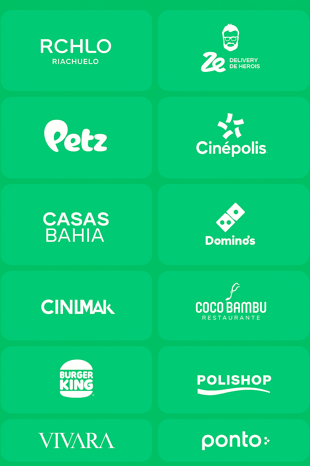 Grid de logos de empresas parceiras idênticas à imagem original: primeira linha com RCHLO, Petz, Zé Delivery (com caveira), Cinépolis, Cinemark (C), Burger King; segunda linha com pontos, CASAS BAHIA, DROGASIL (cruz), Domino's (dominó), Coco Bambu, POLISHOP; e VIVARA centralizada embaixo, todas em fundo escuro gradiente verde do tema Igreen Clube